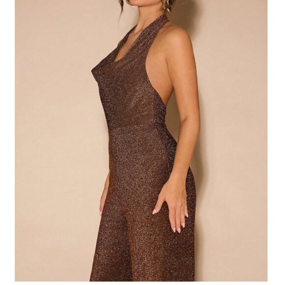 Minimalist Metallic Draped Neck Wide Leg Jumpsuit - Picture 3 of 6